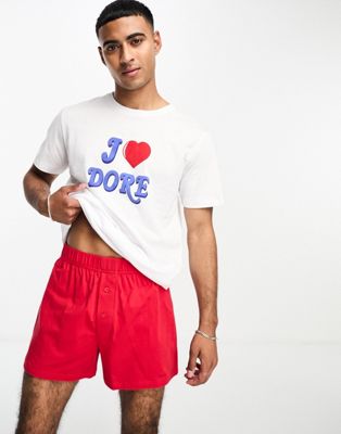 ASOS DESIGN underwear set with t-shirt and boxers in red with J'adore print