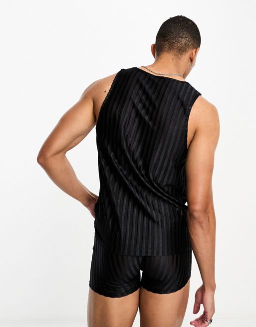 ASOS DESIGN underwear set with vest and briefs in black mesh