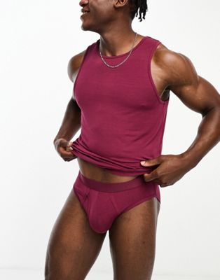 ASOS DESIGN underwear set with vest and briefs in burgundy