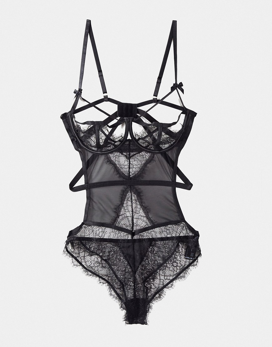 ASOS DESIGN underwire body with cut out lace & bows in black
