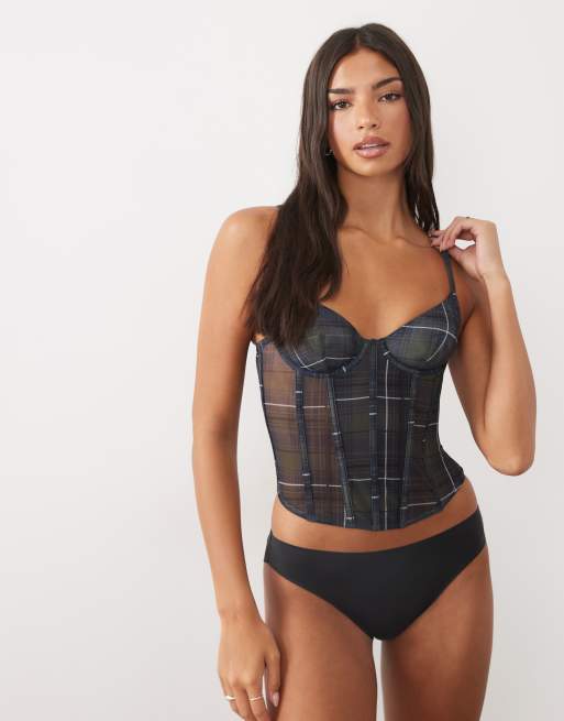 ASOS DESIGN underwire mesh corset in navy plaid, 3 of 4