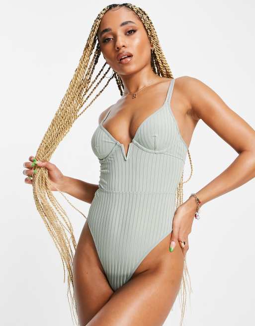 ASOS DESIGN underwire ribbed plunge bodysuit in sage green