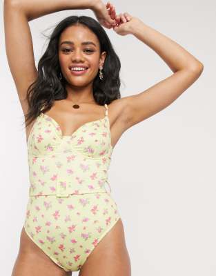 ASOS DESIGN underwired belted swimsuit in yellow ditsy floral print