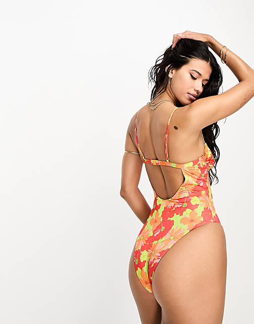 ASOS DESIGN underwired keyhole swimsuit in bright retro floral print