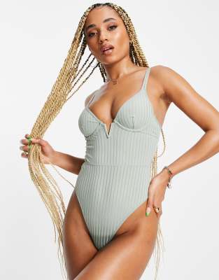 ASOS DESIGN underwired ribbed plunge body in sage green | ASOS