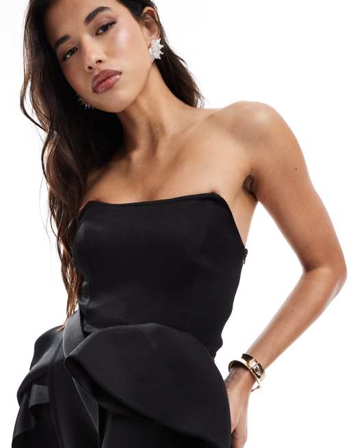 ASOS DESIGN undone corsage bandeau mini dress with extreme sash detail in black