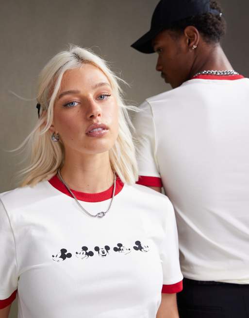 ASOS DESIGN - Uniseks muscle fit T-shirt met gekleurde randjes en Disney Mickey Mouse-gezichtenprints in gebroken wit