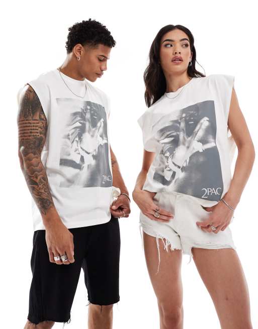 ASOS DESIGN - Uniseks oversized hemdje met Tupac-print in gebroken wit