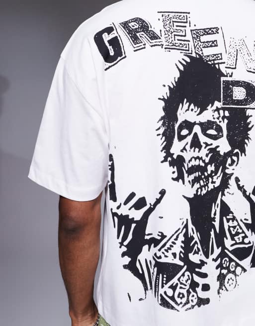 ASOS DESIGN - Uniseks oversized recht T-shirt met Green Day-print in wit, 4 van 4