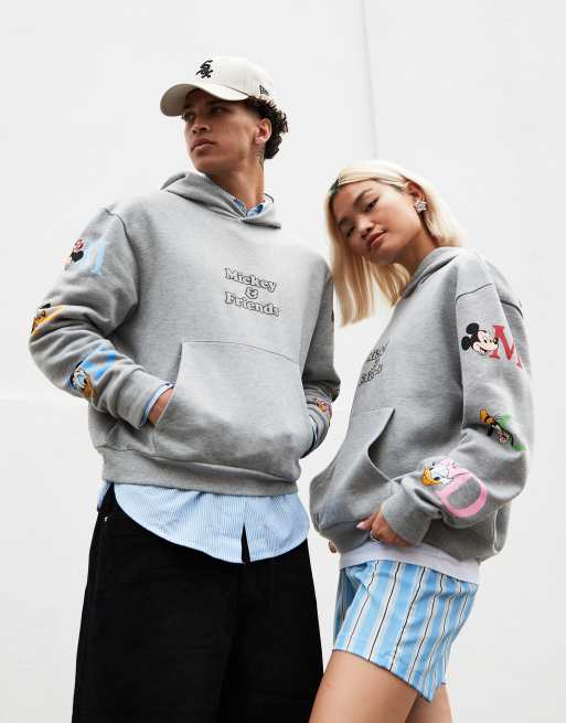 ASOS DESIGN - Uniseks oversized rechte hoodie met Disney Mickey Mouse & Friends-prints op de mouwen in gemêleerd grijs