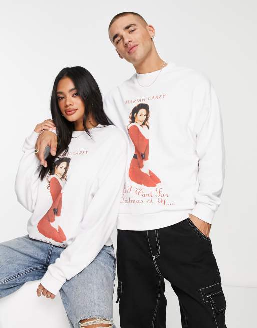 ASOS DESIGN - Uniseks oversized sweatshirt met Mariah Carey-kerstprint in wit