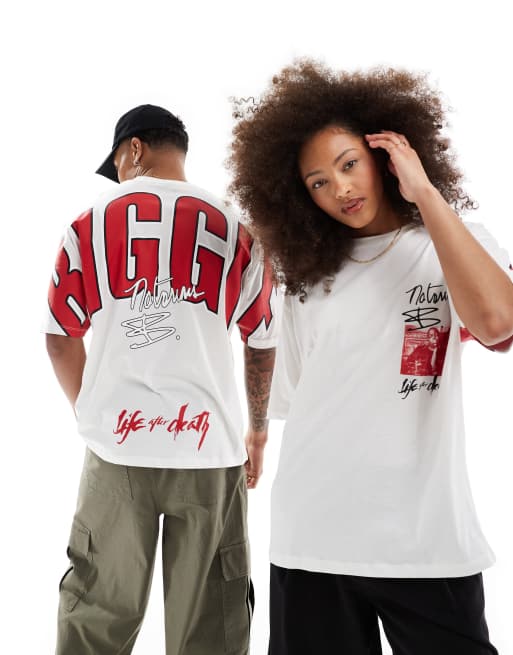 ASOS DESIGN - Uniseks oversized T-shirt met Biggie-print op de achterkant in gebroken wit