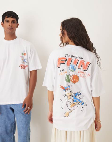 ASOS DESIGN - Uniseks oversized T-shirt met Disney Donald Duck- prints in wit met wassing - view 1