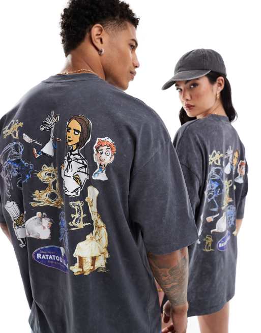 ASOS DESIGN - Uniseks oversized T-shirt met Disney Pixar Ratatouille-prints in zwart met wassing