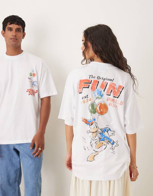 ASOS DESIGN - Uniseks oversized T-shirt met Donald Duck-prints in wit