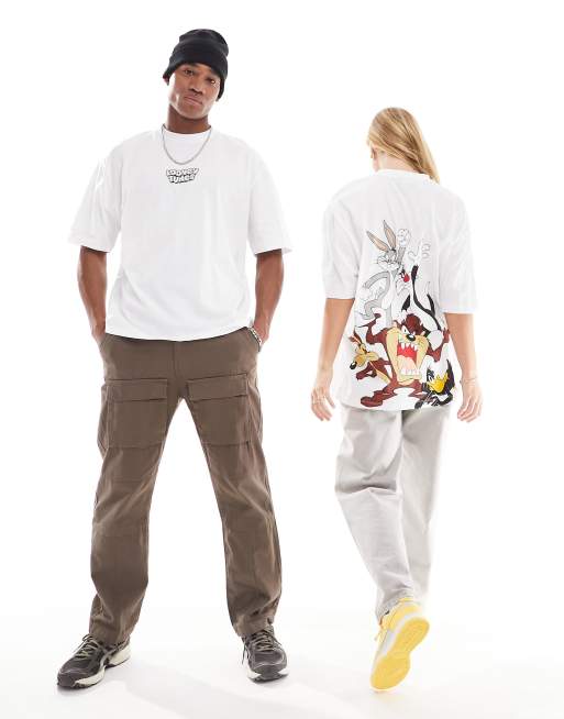 ASOS DESIGN - Uniseks oversized T-shirt met Looney Tunes-prints in wit, 3 van 4