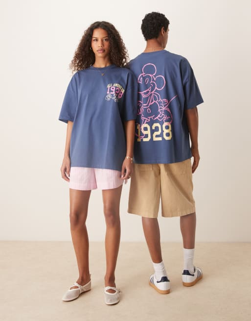 ASOS DESIGN - Uniseks oversized T-shirts met bolle Mickey Mouse-print in marineblauw