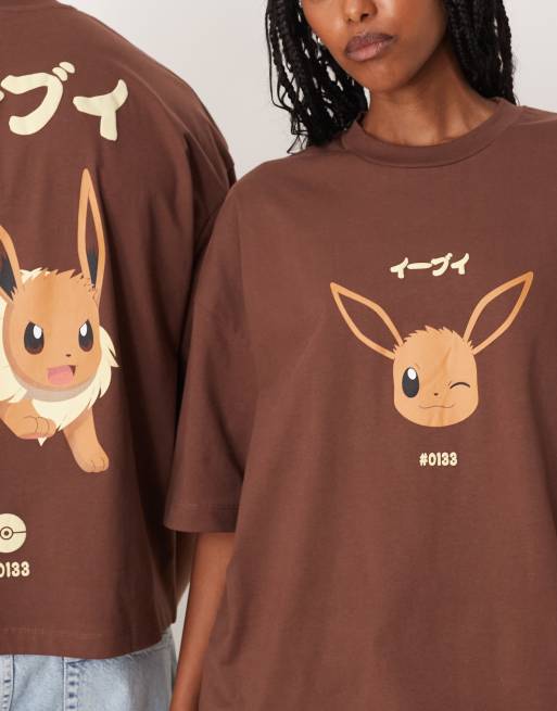 ASOS DESIGN - Uniseks recht oversized T-shirt met Pokémon Eevee-print in bruin, 3 van 4