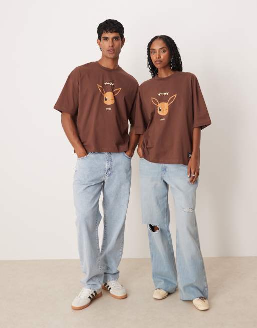 ASOS DESIGN - Uniseks recht oversized T-shirt met Pokémon Eevee-print in bruin, 4 van 4