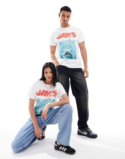 ASOS DESIGN - Uniseks T-shirt met gelicenseerde 'JAWS'-print in wit