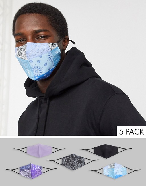 ASOS DESIGN unisex 5 pack face coverings with adjustable straps and nose clip in bandana prints