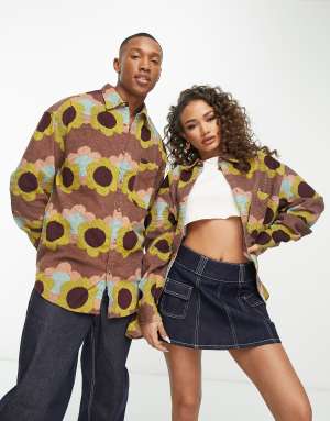 ASOS DESIGN Unisex 90s oversized cord shirt in 70s floral print
