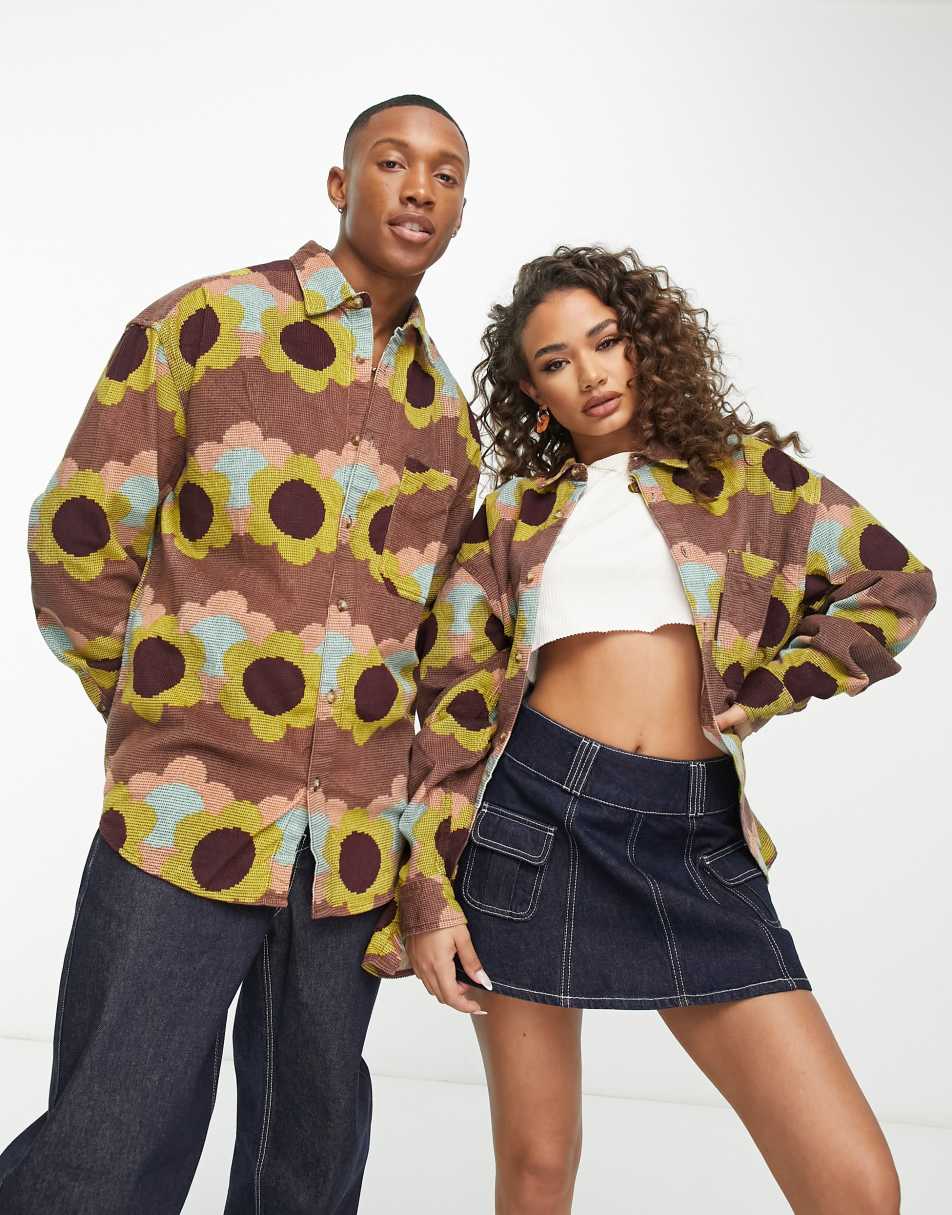 ASOS DESIGN Unisex 90s oversized cord shirt in 70s floral print