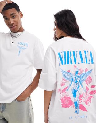 ASOS DESIGN - Unisex-Band-T-Shirt in Weiß mit Oversize-Schnitt und „Nirvana"-Engel-Grafikprints