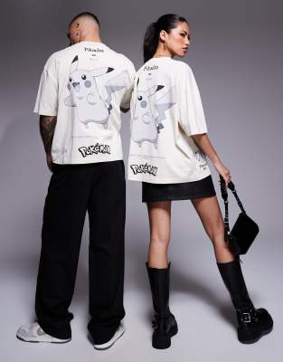 ASOS DESIGN Unisex – Beżowy T-shirt oversize o pudełkowym kroju z haftem i nadrukiem z Pikachu - view 1