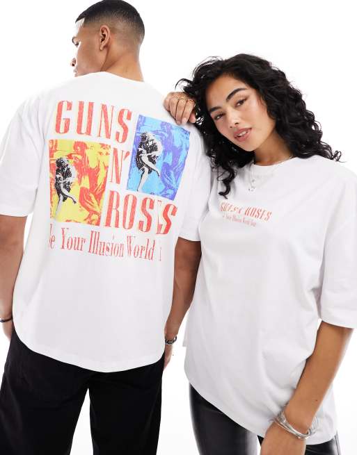 ASOS DESIGN Unisex – Biały T-shirt oversize z grafiką z motywem trasy koncertowej Guns N Roses