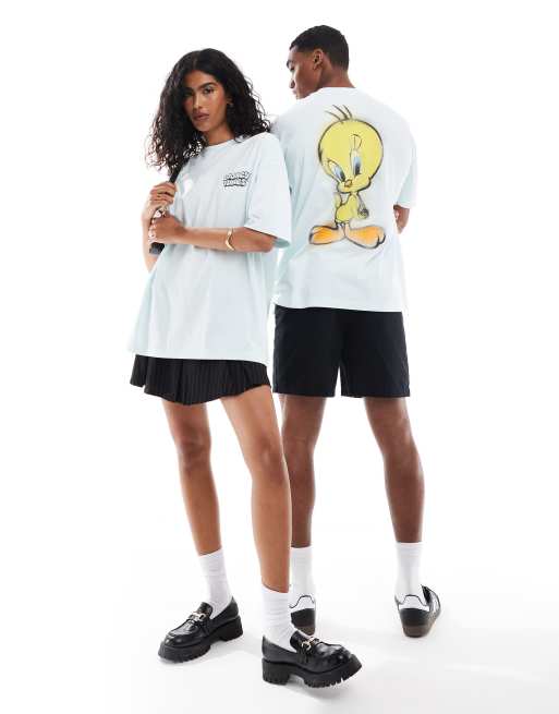ASOS DESIGN Unisex – Biały T-shirt oversize z motywem kanarka Tweetie z Looney Tunes