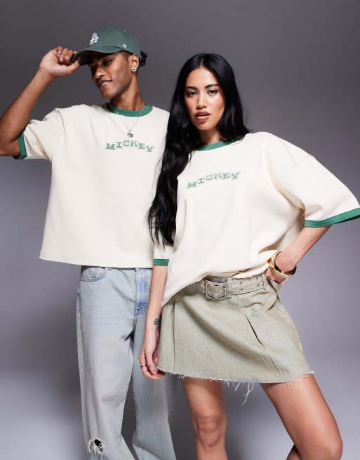 ASOS DESIGN unisex boxy Disney T-shirt with Mickey Mouse prints in ivory