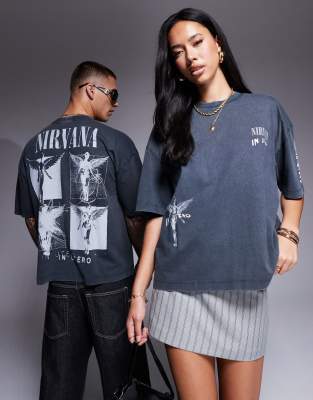 unisex boxy fit t-shirt with Nirvana prints in washed black