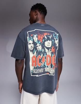 Asos Design Unisex Boxy Oversized Drop Shoulder T-shirt With Ac/dc Prints In Black