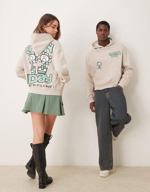 ASOS DESIGN unisex boxy oversized hoodie with Green Day prints in gray
