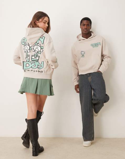 ASOS DESIGN unisex boxy oversized hoodie with Green Day prints in grey - view 1