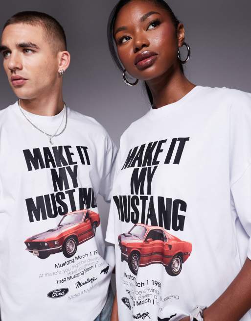 ASOS DESIGN unisex boxy oversized licence t-shirt with Ford Mustang slogan print in white, 4 of 4
