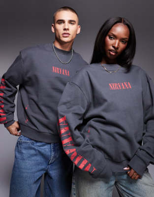 unisex boxy oversized license sweatshirt with Nirvana prints in charcoal-Gray