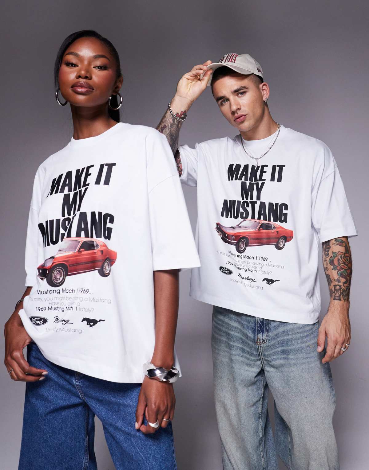 ASOS DESIGN unisex boxy oversized license t-shirt with Ford Mustang slogan print in white