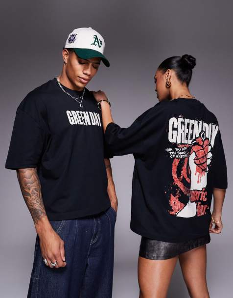 ASOS DESIGN unisex boxy oversized license t-shirt with Green Day prints in black - view 1