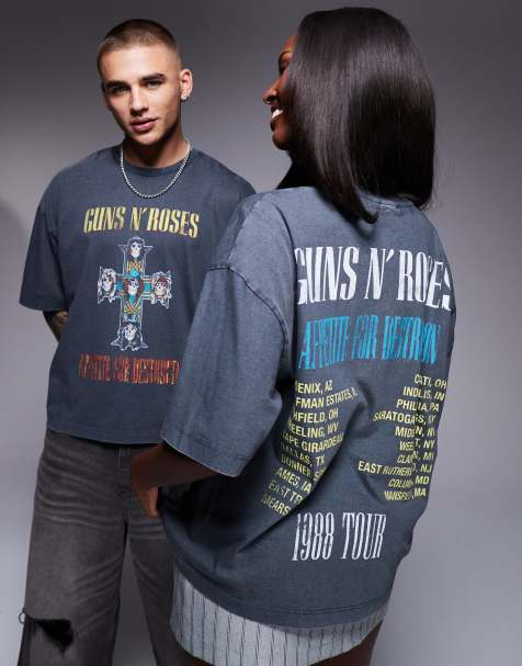 ASOS DESIGN unisex boxy oversized license t-shirt with Guns N Roses Tour prints in washed black - view 1