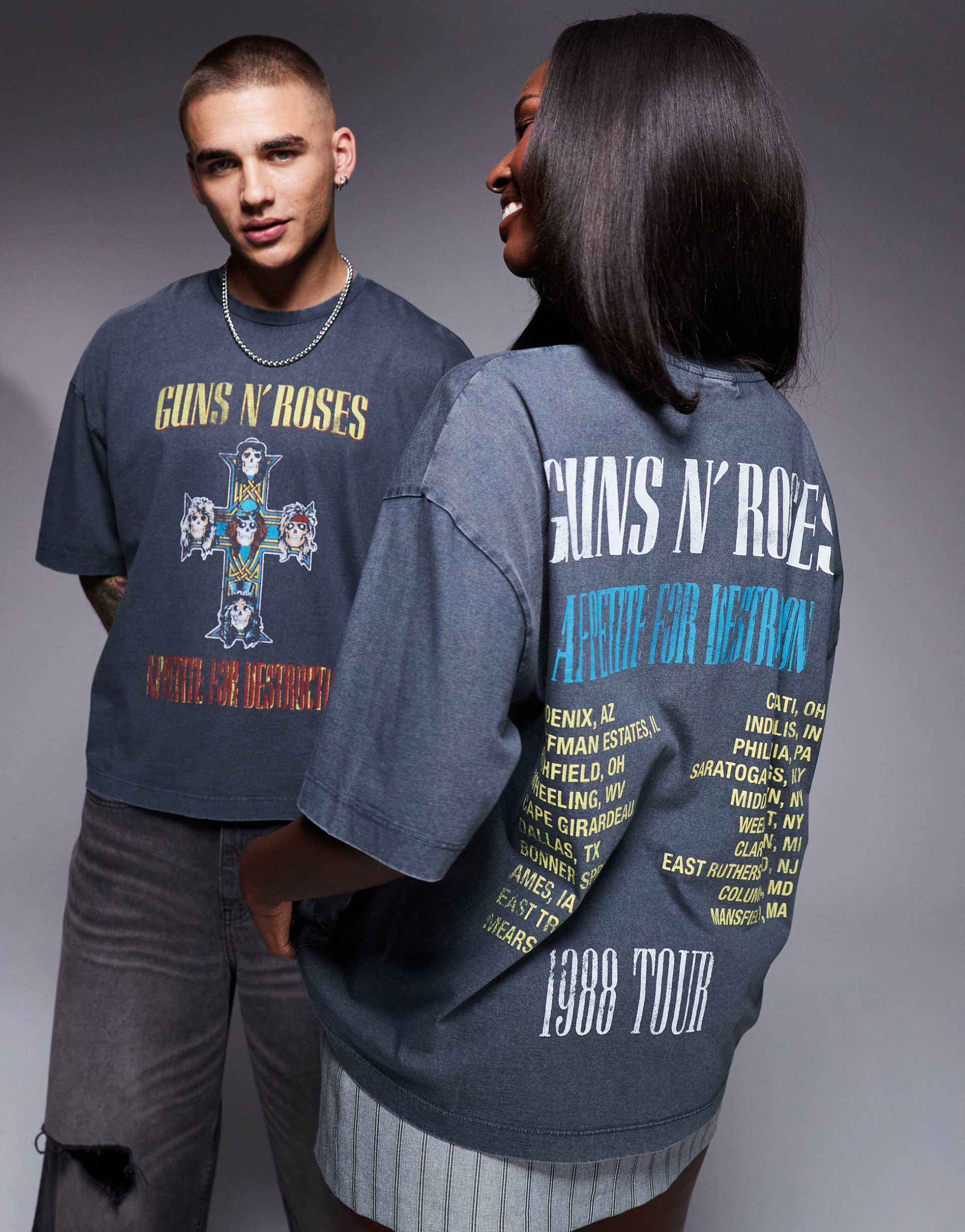 asos design unisex boxy oversized license t-shirt with guns n roses tour prints in washed black