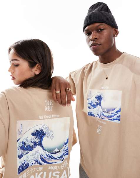ASOS DESIGN unisex boxy oversized license t-shirt with Hokusai Wave prints in beige - view 1
