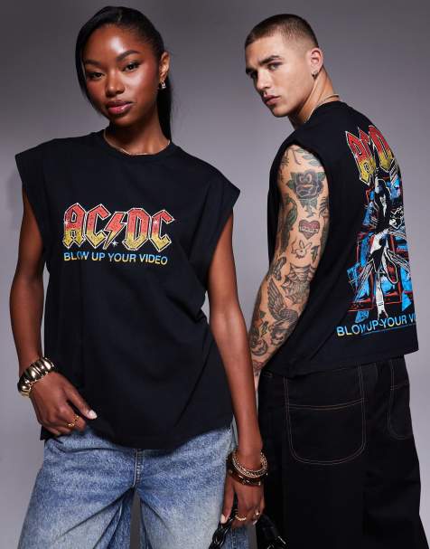 ASOS DESIGN unisex boxy oversized license vest with AC/DC prints in black - view 1