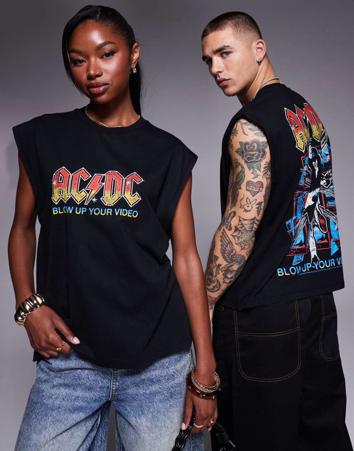 ASOS DESIGN unisex boxy oversized license vest with AC/DC prints in black