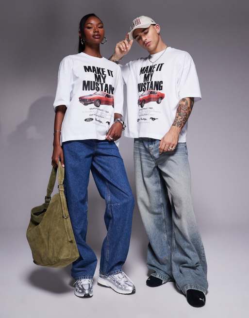 ASOS DESIGN unisex boxy oversized licensed t-shirt with Ford Mustang slogan print in white, 2 of 4