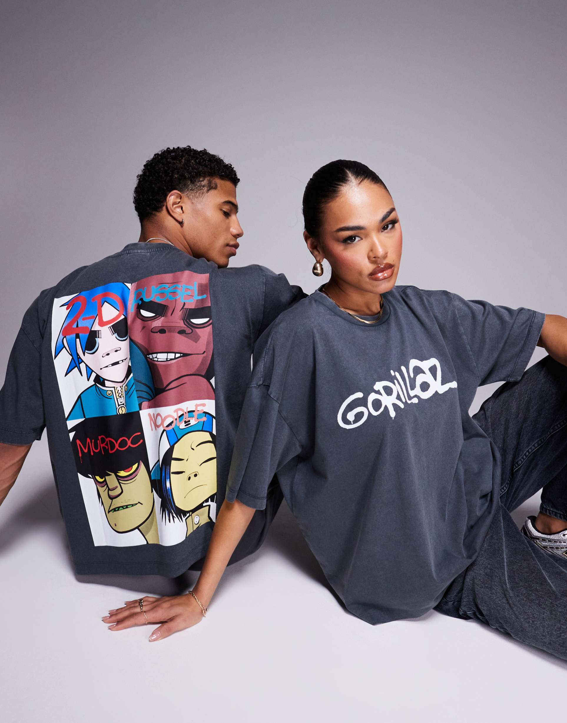 asos design unisex boxy oversized licensed t-shirt with gorillaz prints in washed black
