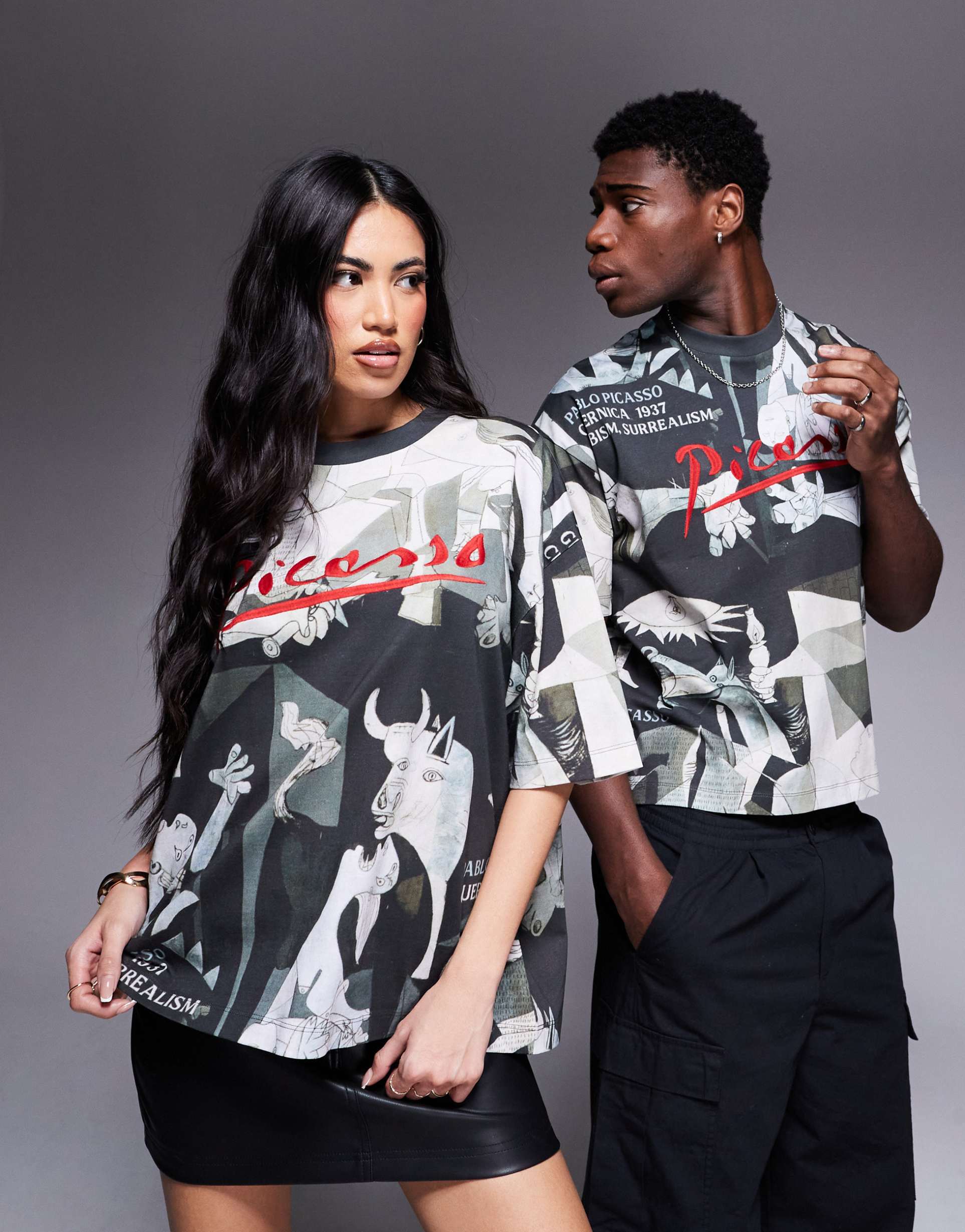 asos design unisex boxy oversized licensed t-shirt with picasso prints in black