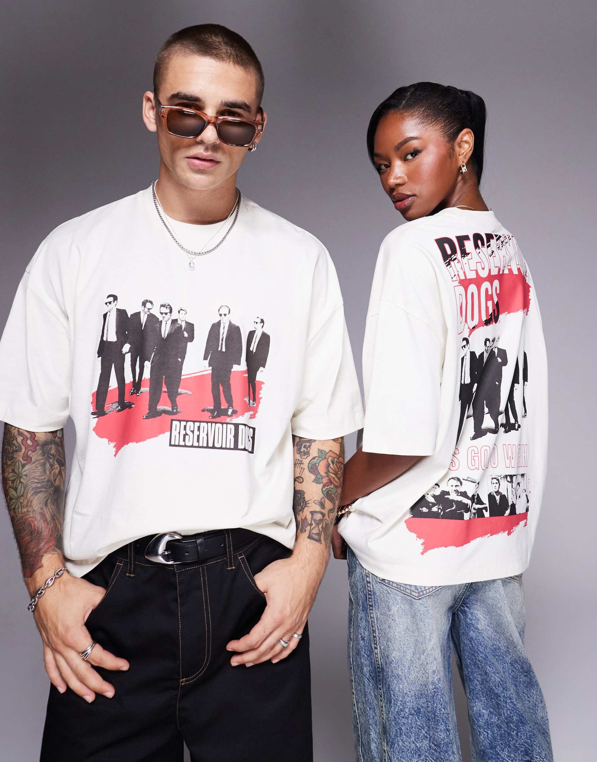 asos design unisex boxy oversized licensed t-shirt with reservoir dogs prints in white