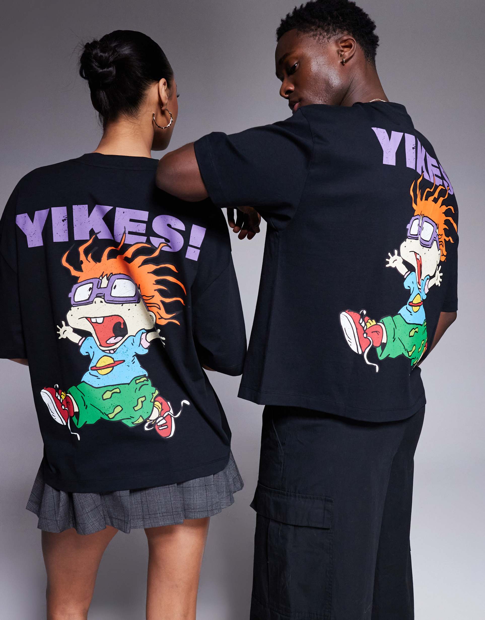 asos design unisex boxy oversized licensed t-shirt with rugrats chuckie prints in black